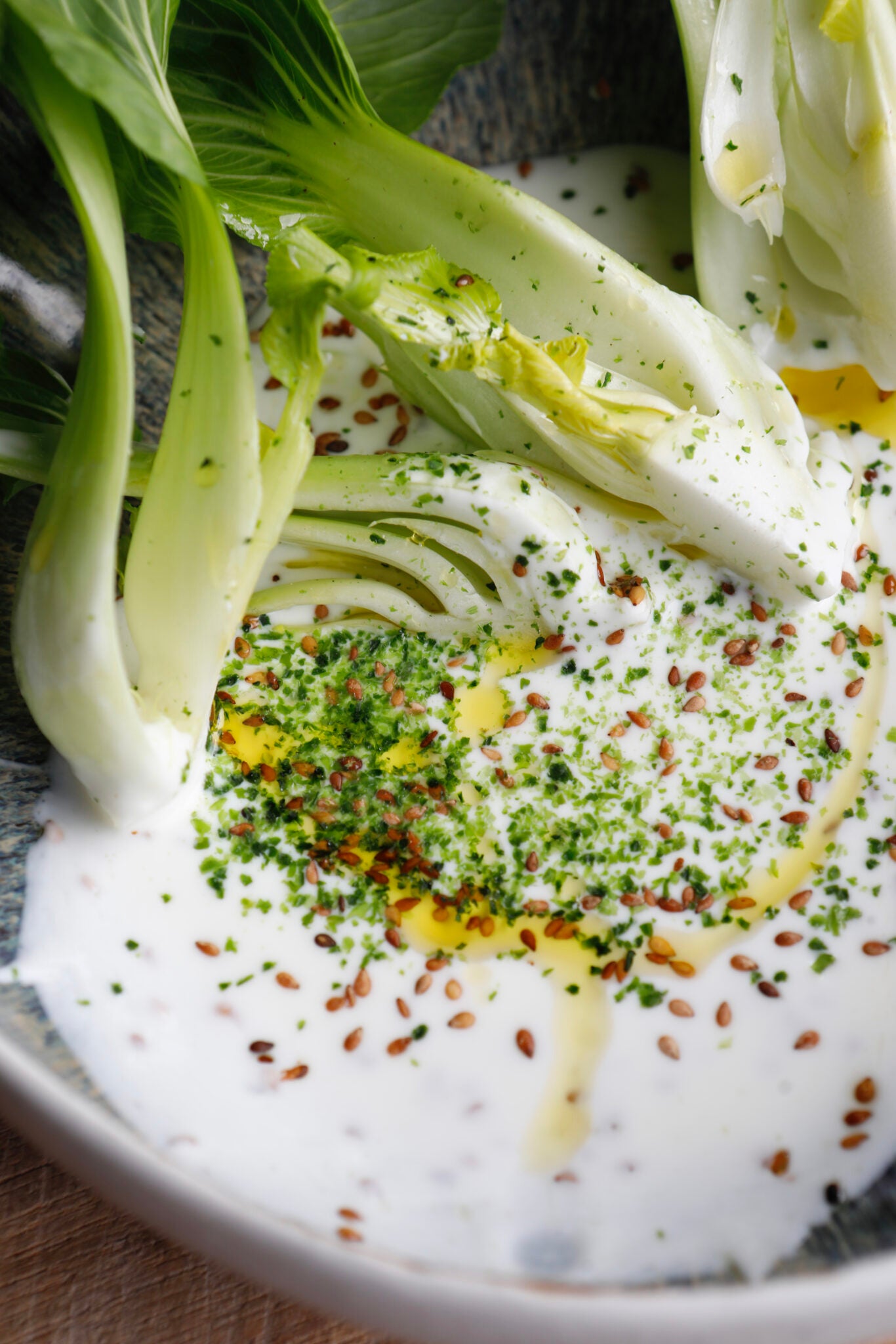 Pak-choi, ginger yogurt, sesame seeds