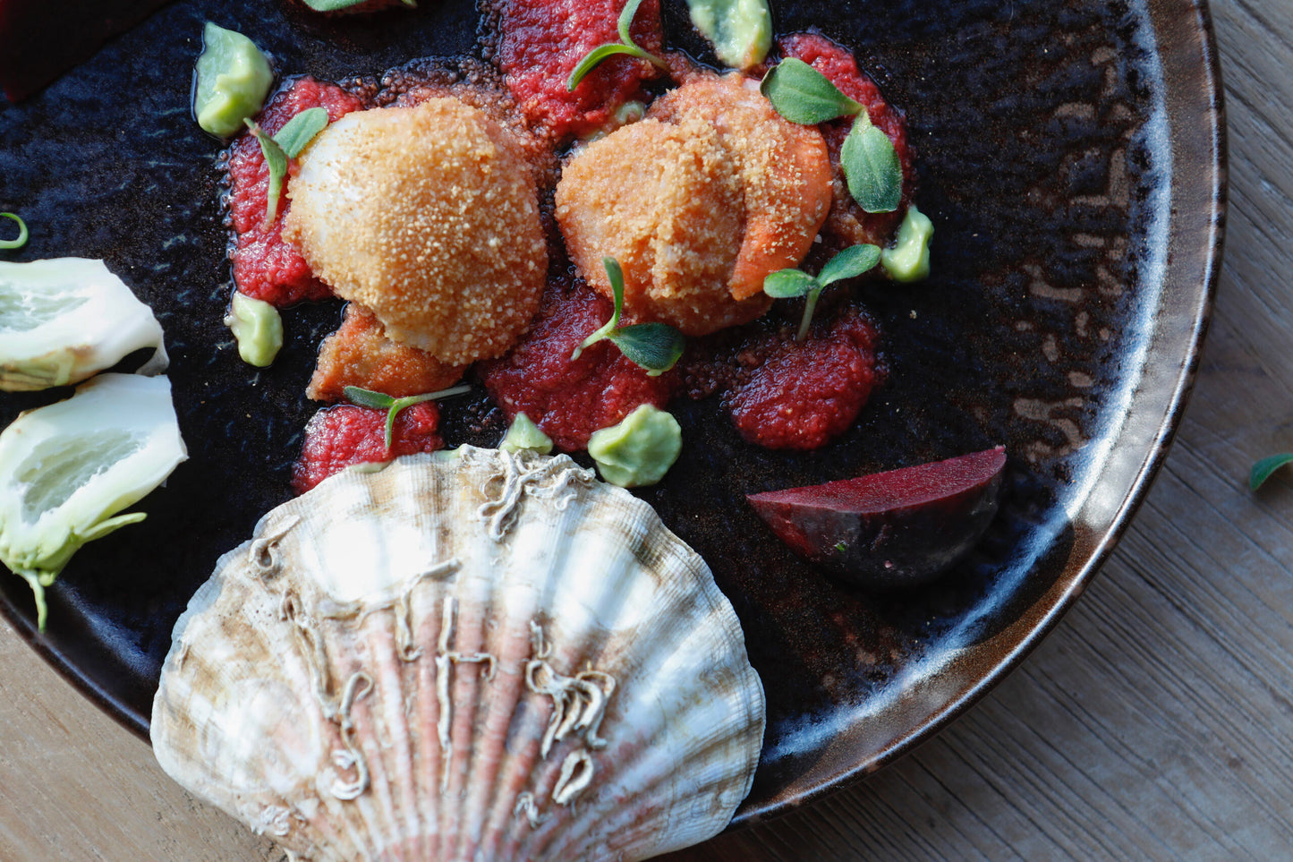 Strawberry and Cava sorbet, seared scallops, mint leaves
