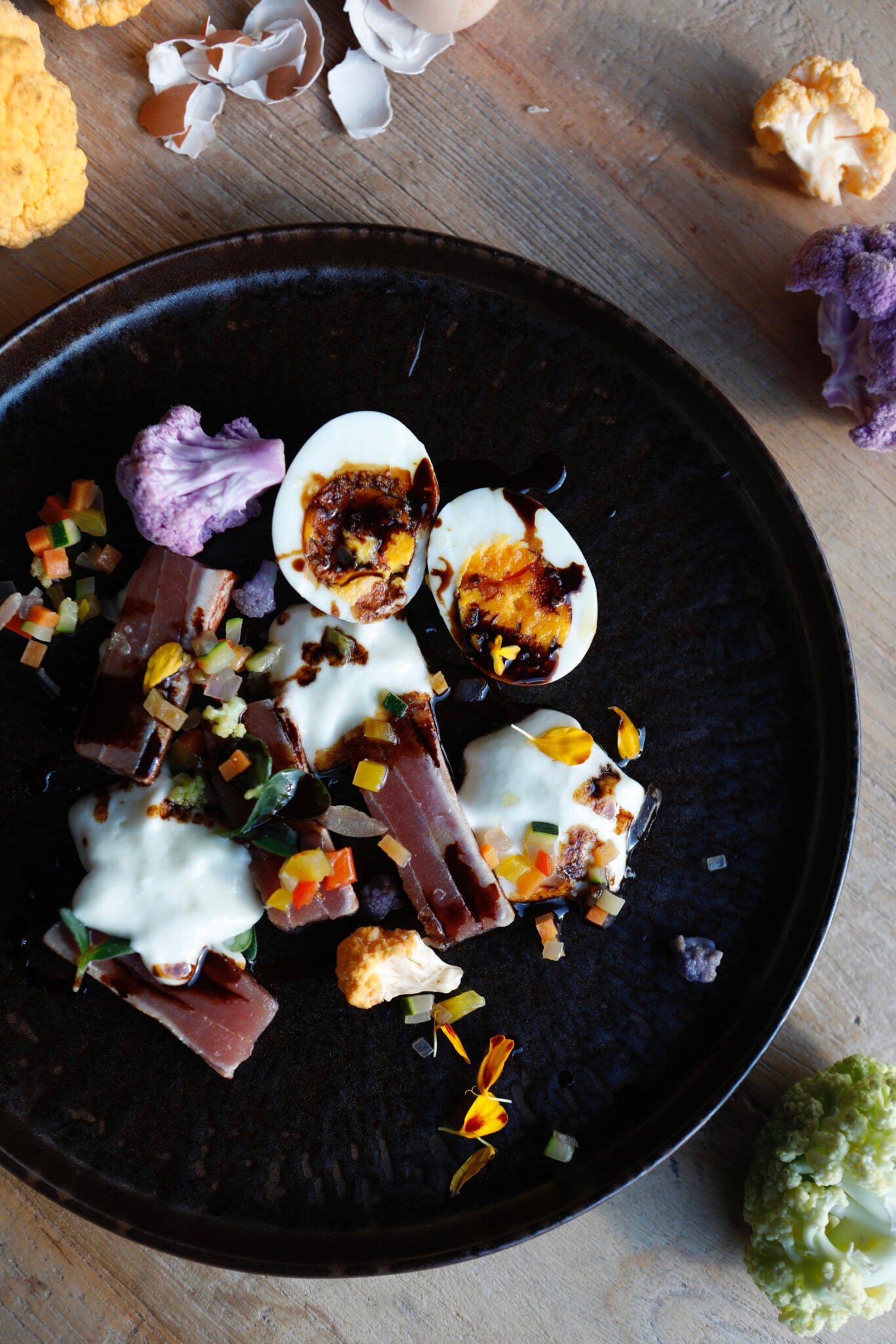 Seared bluefin tuna, egg, potato foam, licorice