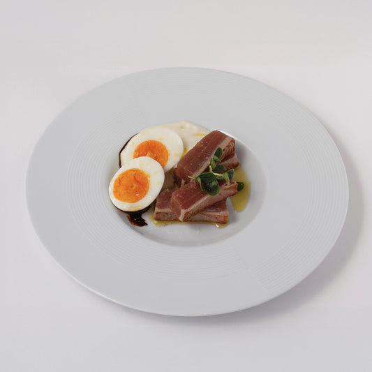 Seared bluefin tuna, egg, potato foam, licorice