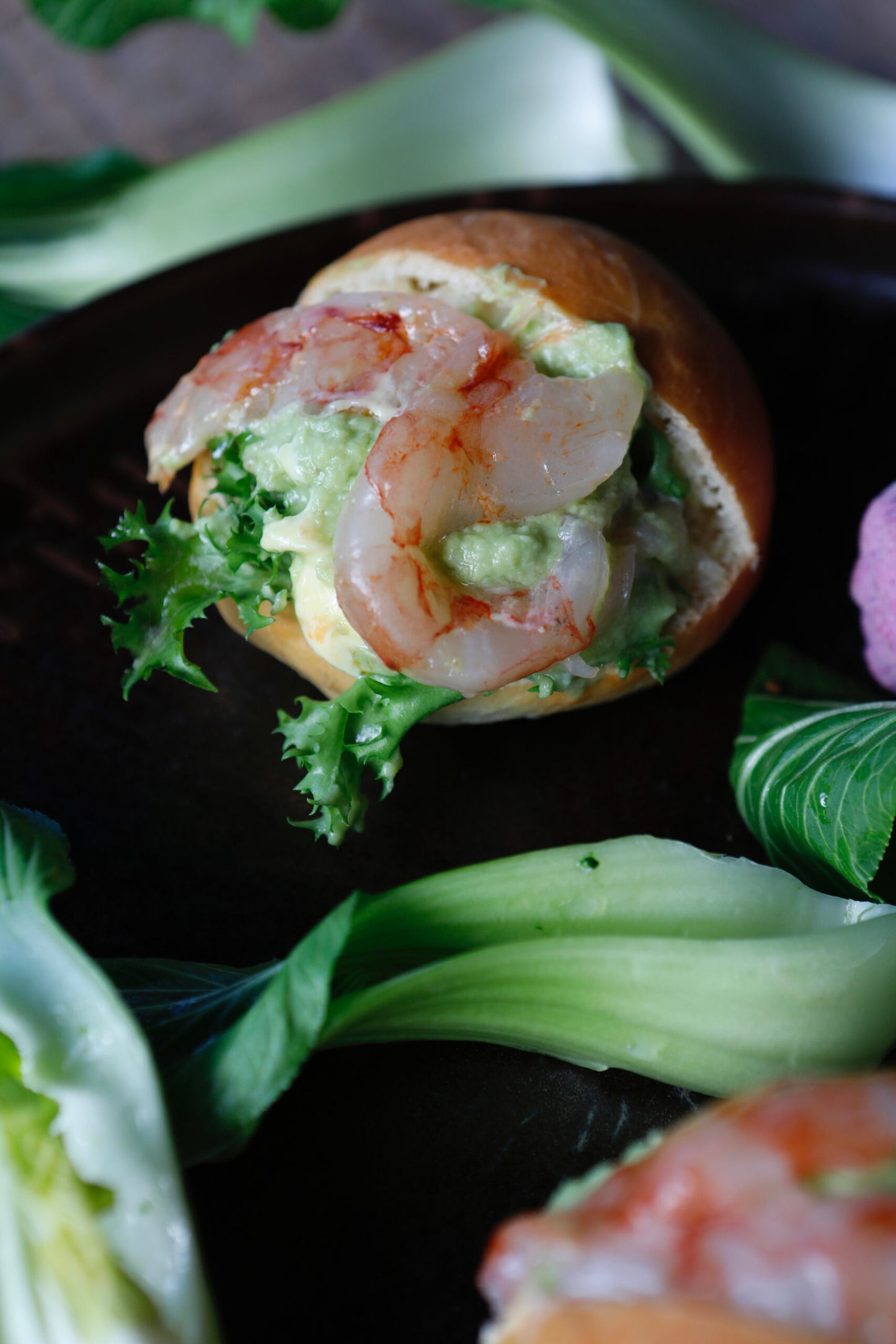 Italian Savory Maritozzo bun, raw Balearic red shrimps, soy mayo, salad