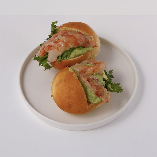 Italian Savory Maritozzo bun, raw Balearic red shrimps, soy mayo, salad