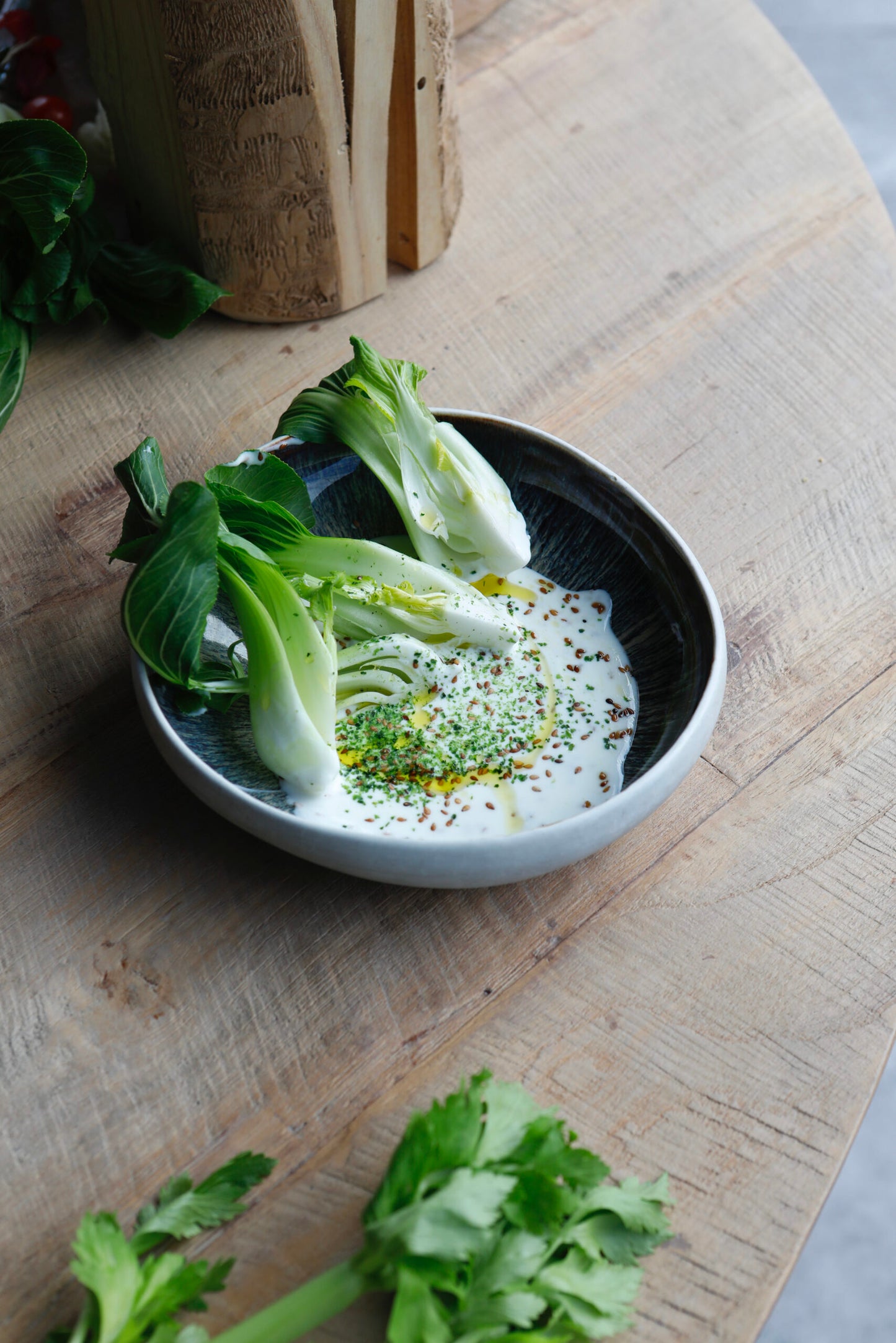 Pak-choi, ginger yogurt, sesame seeds