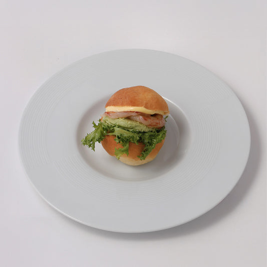 Savory doughnut, red Balearic shrimps, avocado, old mustard mayo, salad