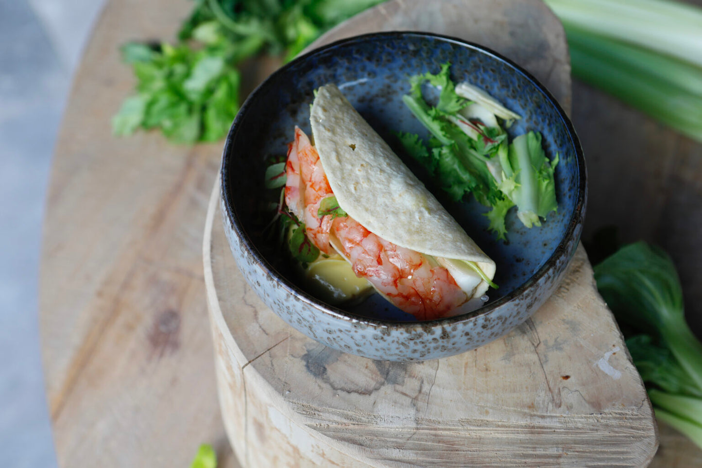 Red Balearic Shrimp crispy tacos, lemon mayo, raw pak-choi