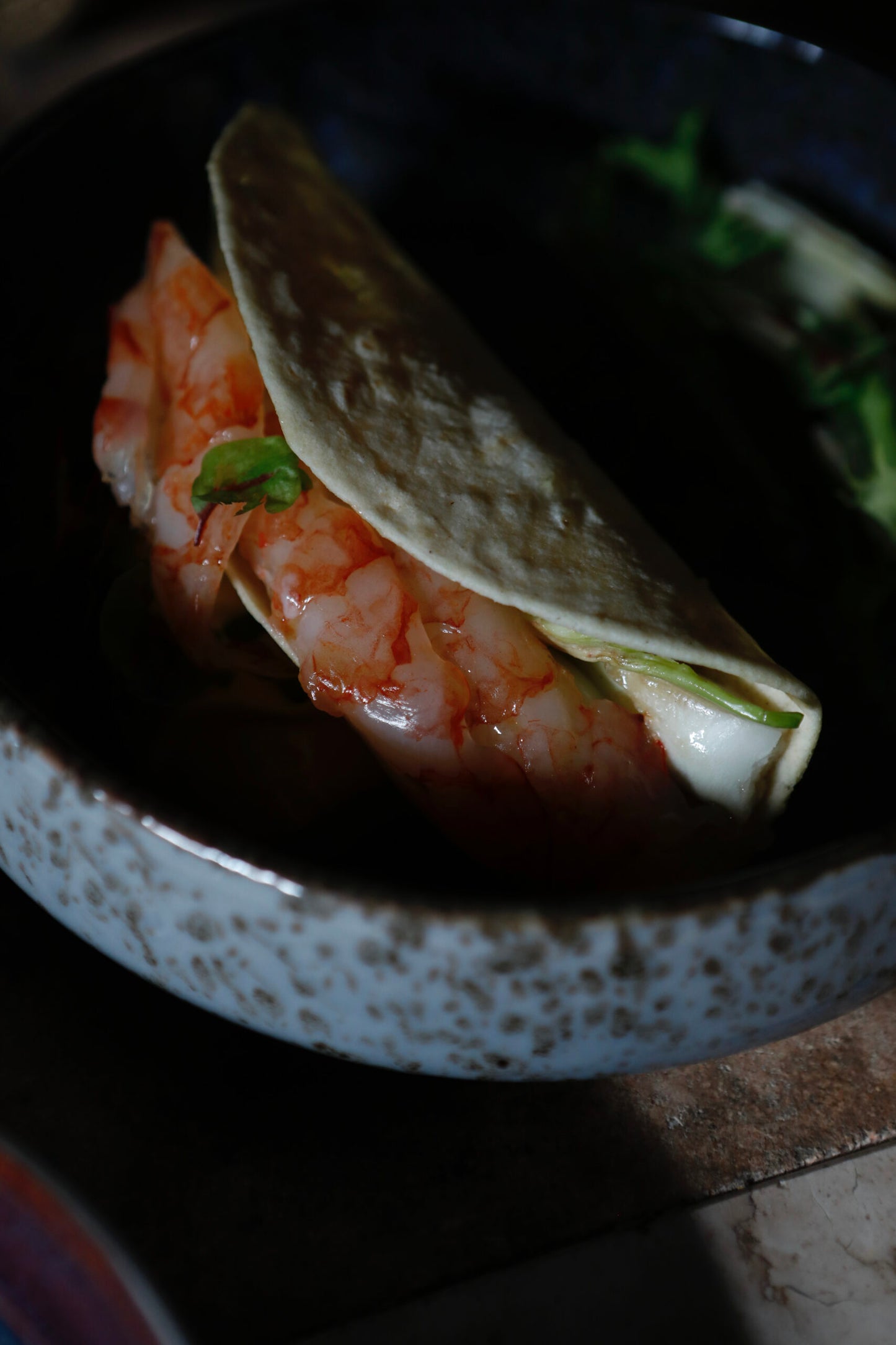 Red Balearic Shrimp crispy tacos, lemon mayo, raw pak-choi
