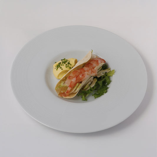 Red Balearic Shrimp crispy tacos, lemon mayo, raw pak-choi