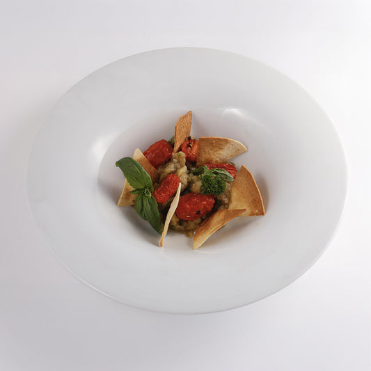 Smoked aubergine, confit cherry tomatoes, Sardinian guttiau carasau bread