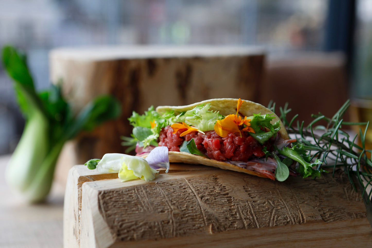 Beef tartar Tacos, crunchy salad, mayo and chive