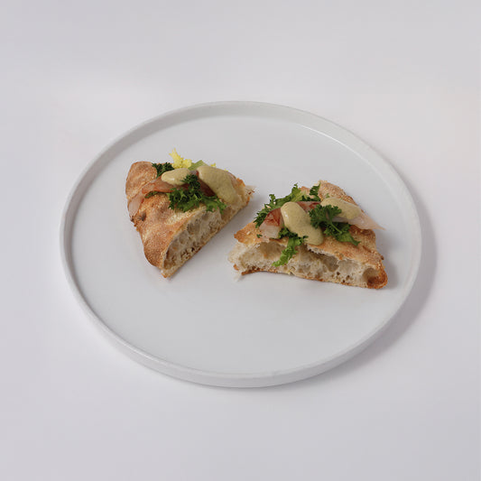 Corn flowr pizza, red balearic shrimp, Japanese mayo and greens
