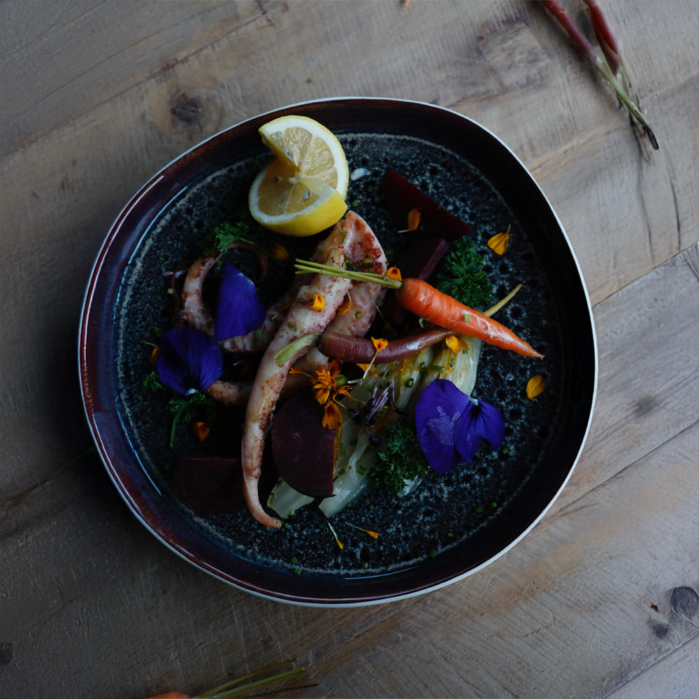 Vacuum Octopus, mashed potatoes, vegetables