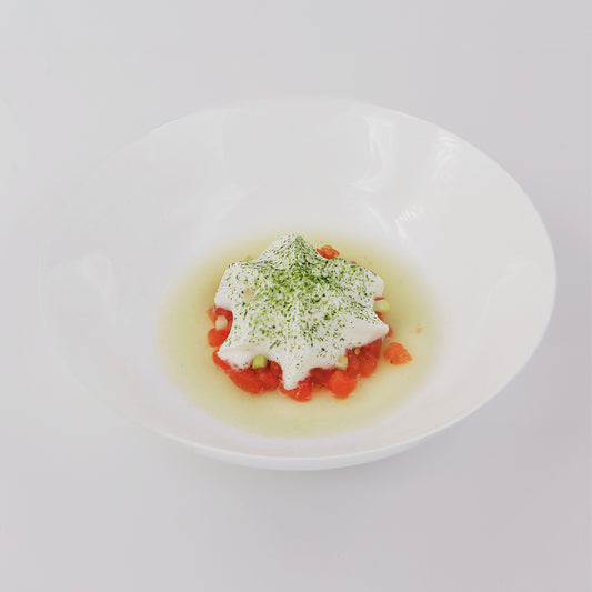 Mixed tomatoes Concassè , fresh cucumber juice, local buffalo mozzarella foam and Nori seaweed powder