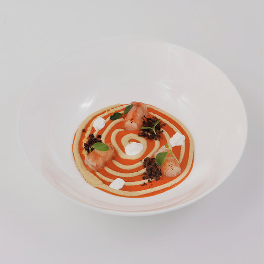 Red Balearic Shrimps warm salad, confit tomato sauce, octopus mayo, dehydrated black olive heart and almound