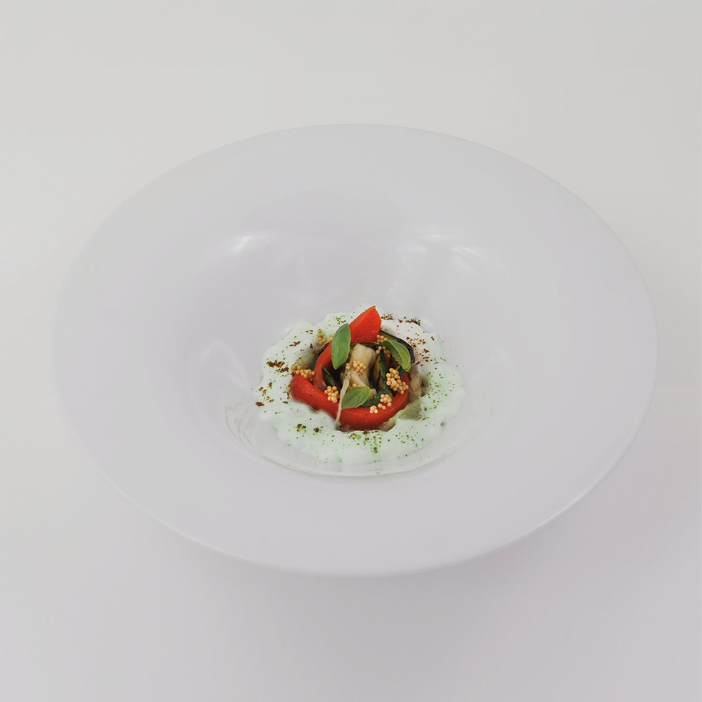 Vegetable ratatouille, Figs milk foam, ginger old mustard caviar