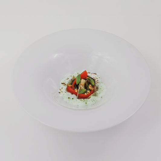 Vegetable ratatouille, Figs milk foam, ginger old mustard caviar