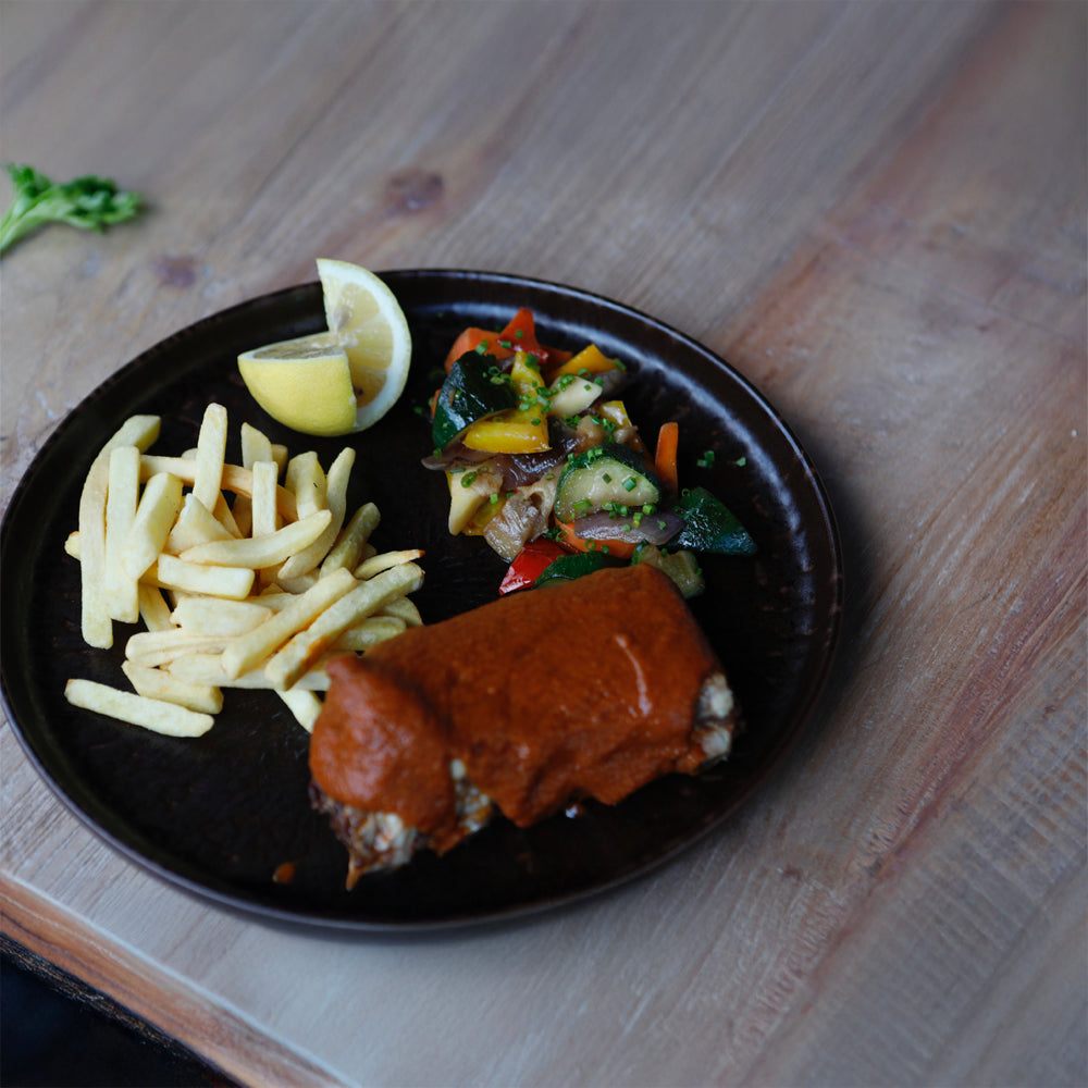 Slow cooker BBQ lime marinated pork ribs, crispy potatoes, wok vegetables
