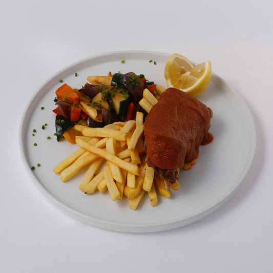Slow cooker BBQ lime marinated pork ribs, crispy potatoes, wok vegetables